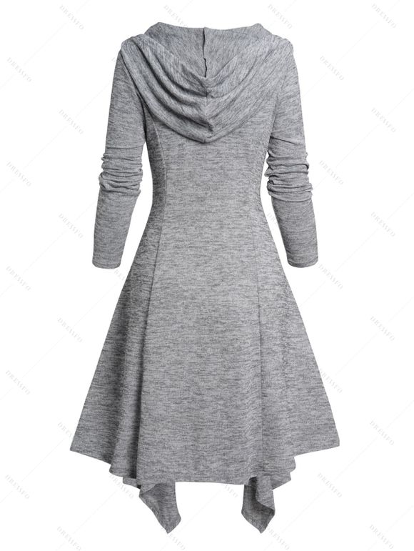 Robe à Capuche Mi-Longue Chinée Asymétrique Tricotée à Manches Longues avec Bouton - Gris XL | US 12