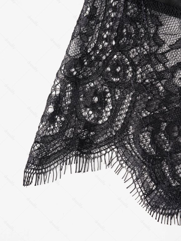 Robe D'Halloween Ligne A Gothique Fleur Panneau en Dentelle à Manches Evasées - Noir XXL