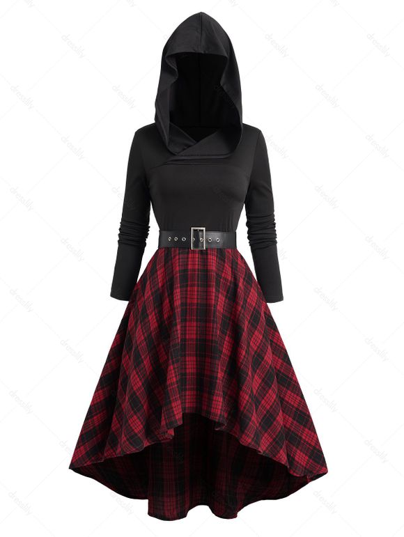 Robe à Capuche Décontractée Haute Basse Ceinturée à Carreaux à Manches Longues - Rouge foncé XXL | US 14