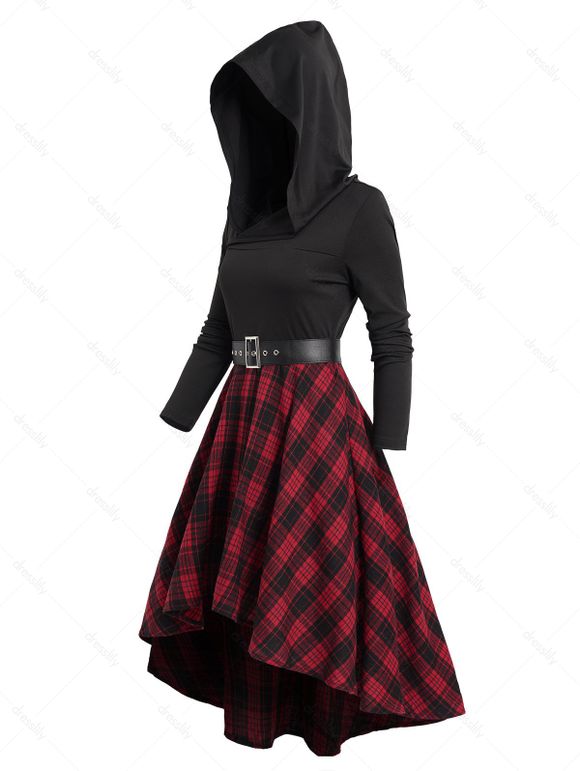 Robe à Capuche Décontractée Haute Basse Ceinturée à Carreaux à Manches Longues - Rouge foncé XXL | US 14