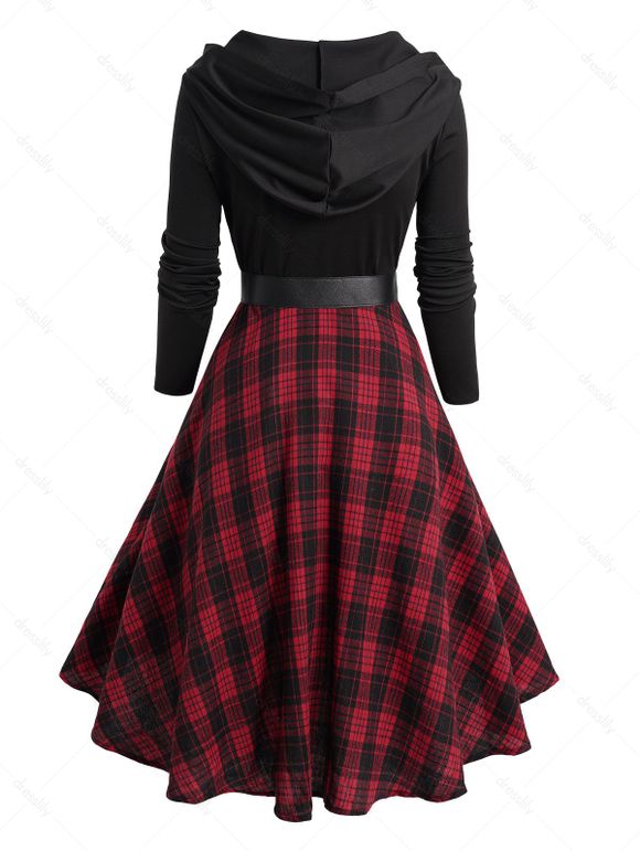 Robe à Capuche Décontractée Haute Basse Ceinturée à Carreaux à Manches Longues - Rouge foncé XXL | US 14