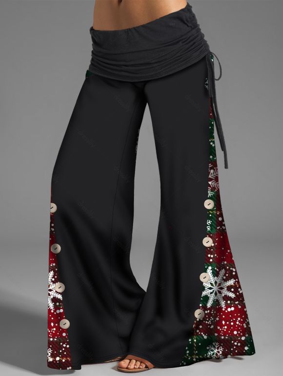 Pantalon Lâche Chiné Imprimé Flocon de Neige à Carreaux à Jambes Larges Grande Taille - Noir XL | US 10