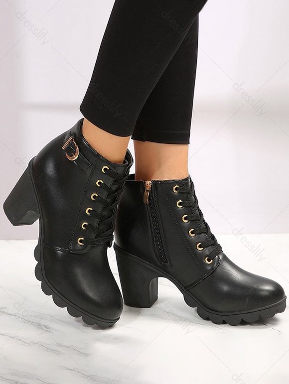 Chunky Heel Buckle Strap Lace-up Zip Up Ankle Boots - Noir EU 42