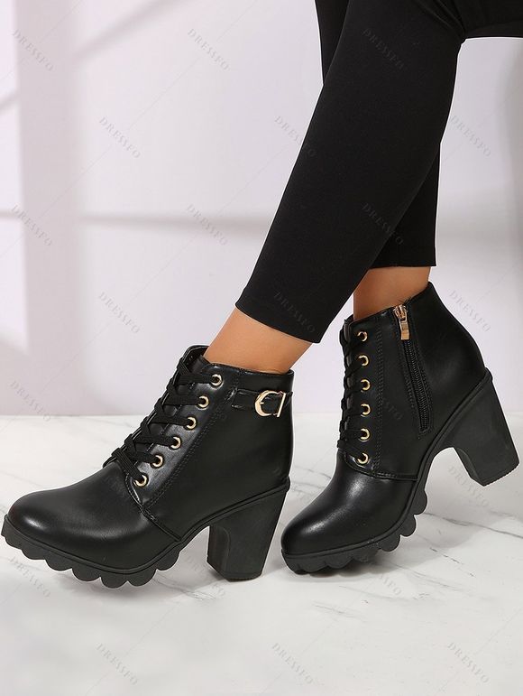 Chunky Heel Buckle Strap Lace-up Zip Up Ankle Boots - Noir EU 39