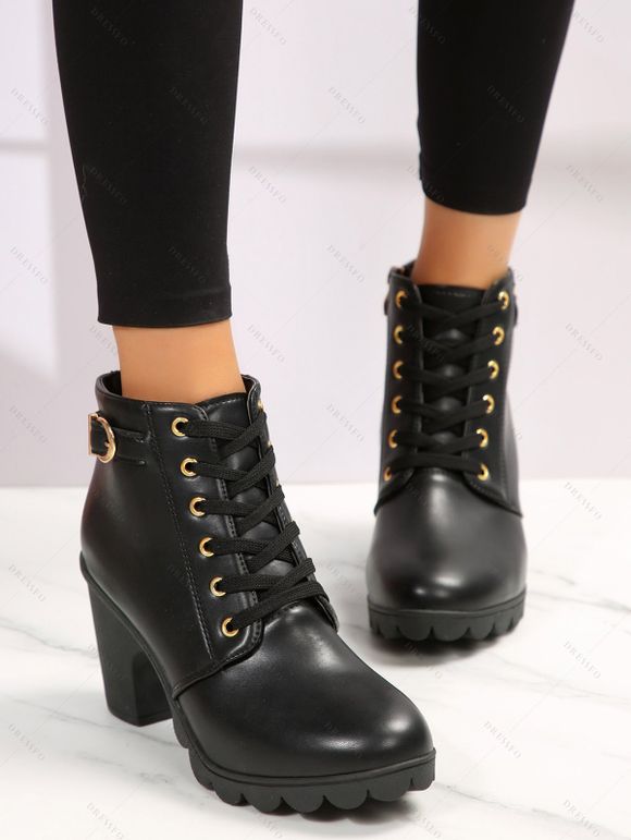 Chunky Heel Buckle Strap Lace-up Zip Up Ankle Boots - Noir EU 39