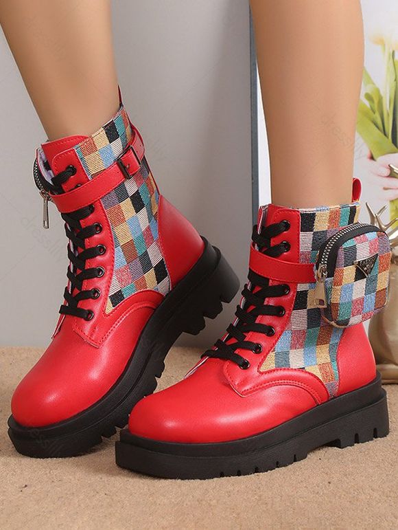Check Pattern Panel Lace Up Chunky Platform Ankle Boots - Rouge EU 43