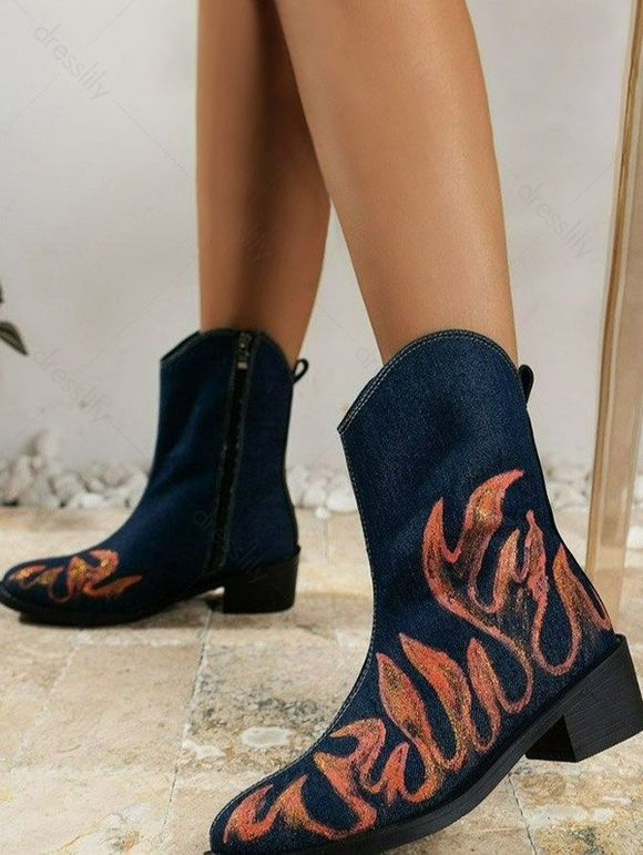 Fire Graphic Side Zipper Point Toe Grunge Chunky Heeled Ankle Boots - Bleu profond EU 43