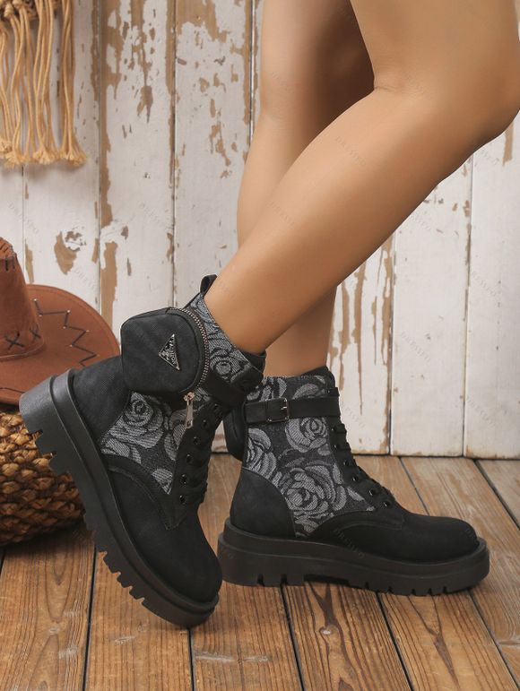 Rose Flower Panel Lace Up Chunky Platform Ankle Boots With Buckle Strap Pouch - Noir EU 40