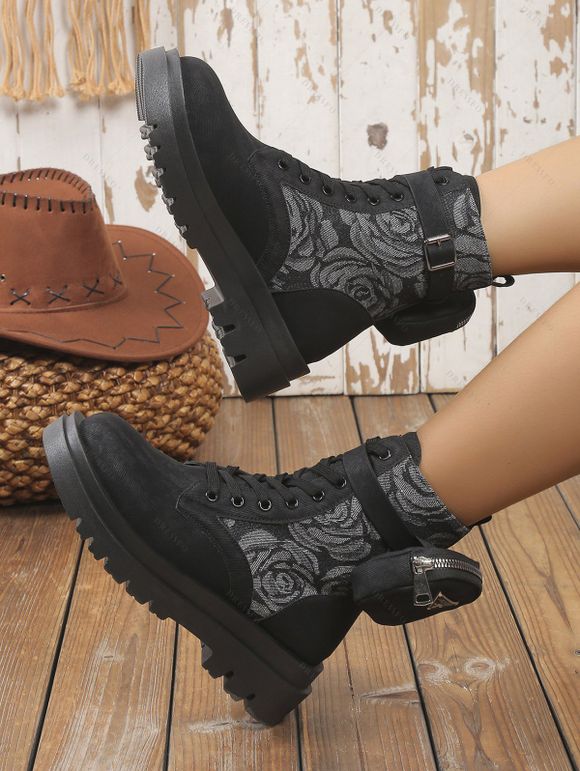 Rose Flower Panel Lace Up Chunky Platform Ankle Boots With Buckle Strap Pouch - Noir EU 40