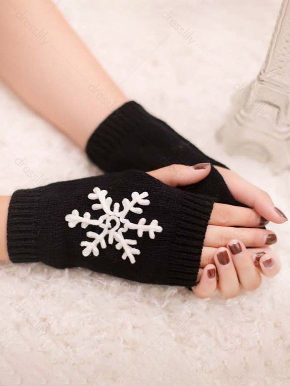 Gants sans Doigts en Tricot à Motif Flocon de Neige de Noël - Noir 1 PAIR