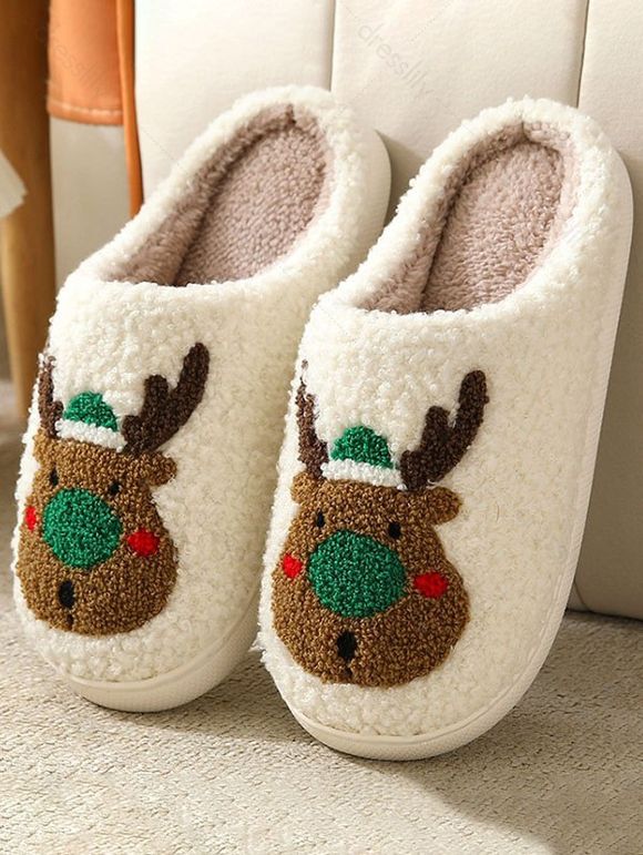 Cute Cartoon Elk Pattern Christmas Fluffy Slippers - Vert profond EU (44-45)
