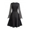 Robe D'Halloween Ligne A Gothique Fleur Panneau en Dentelle à Manches Evasées - Noir S