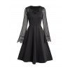 Robe D'Halloween Ligne A Gothique Fleur Panneau en Dentelle à Manches Evasées - Noir S