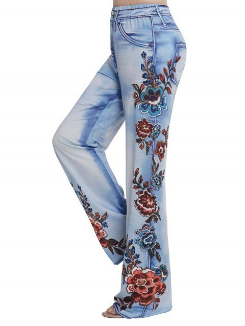Pantalon Décontracté Long Evasé 3D Teinté Fleur Imprimée à Taille Haute