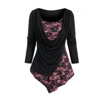 

Floral Lace Asymmetric Front Cowl T Shirt, Black