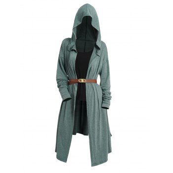 

Open Front Drop Shoulder Long Belted Hooded Top And Tank Top Two Piece Set, Deep green