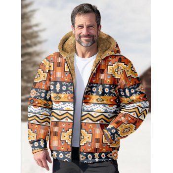 

Fluffy Lining Ethnic Hooded Coat Tribal Geometric Allover Print Zip Up Coat, Multicolor