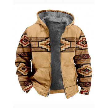 

Fluffy Lining Ethnic Hooded Coat Tribal Geometric Print Pocket Patches Zip Up Coat, Multicolor