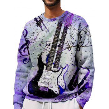 

Drop Shoulder Casual Sweatshirt Music Note Guitar Drops Print Round Neck Sweatshirt, Multicolor