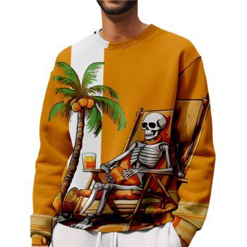 

Drop Shoulder Colorblock Sweatshirt Skeleton Coconut Tree Vacation Print Round Neck Casual Sweatshirt, Multicolor