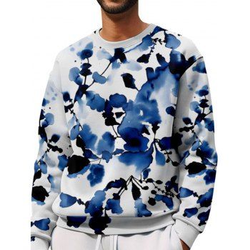 

Drop Shoulder Casual Sweatshirt Leaf Ink Painting Print Round Neck Sweatshirt, Multicolor