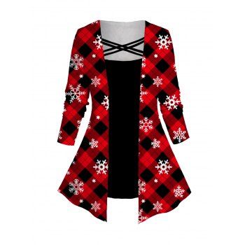 

Plus Size Christmas Faux Twinset T-shirt Plaid Snowflake Print Crisscross Long Sleeve Twofer Tee, Red