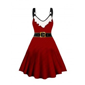

Plus Size & Curve Christmas Dress 3D Belted Print V Neck O Ring Sleeveless Dress, Red