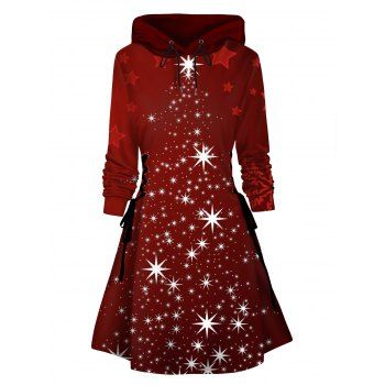 

Christmas Star 3D Print Mini Hoodie Dress Lace Up A Line Hooded Dress, Red