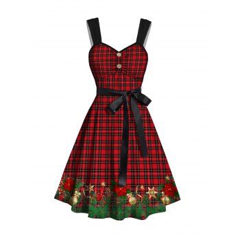 

Christmas Belted Mini Dress Plaid Ball Print Mock Button Ruched Sleeveless Dress, Red