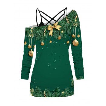 

Christmas Tree Ball Print Skew Collar T-shirt And Lattice Spaghetti Strap Camisole Set, Green