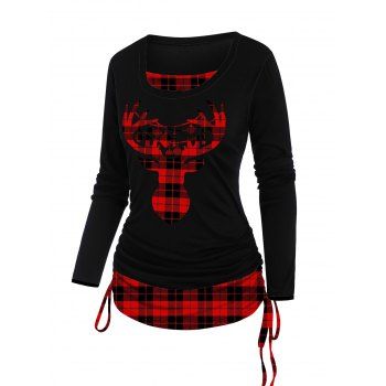 

Christmas Elk Plaid Print T-shirt Cinched Long Sleeve Faux Twinset Casual Tee, Red