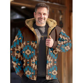 

Fluffy Lining Ethnic Hooded Coat Tribal Geometric Print Zip Up Coat, Multicolor