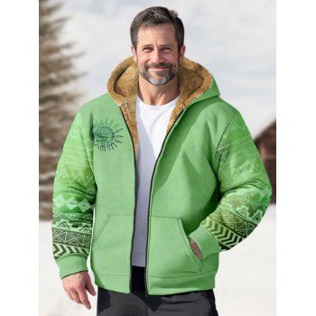 

Fluffy Lining Hooded Coat Tribal Geometric Print Zip Up Coat, Green