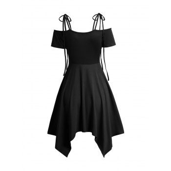 Cold Shoulder Lace Up Asymmetric Dress Tie Knot Shoulder Chain Solid Color Short Sleeve Dress 