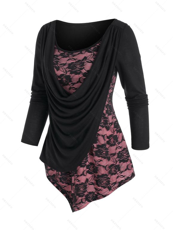 T-shirt Asymétrique Fleuri en Dentelle - Noir XXXL