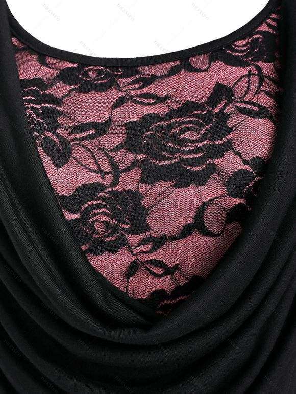 T-shirt Asymétrique Fleuri en Dentelle - Noir XXXL