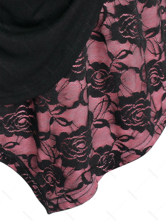 T-shirt Asymétrique Fleuri en Dentelle - Noir XXXL