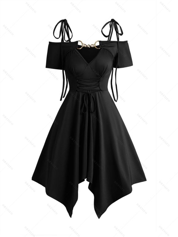 Robe Asymétrique Epaule Dénudée à Manches Courtes Nouée en Couleur Unie à Chaîne - Noir XXL | US 12