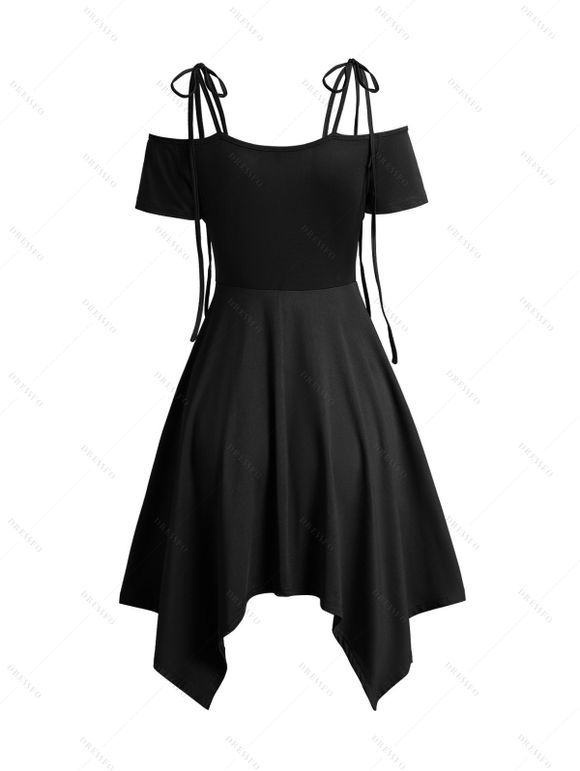 Robe Asymétrique Epaule Dénudée à Manches Courtes Nouée en Couleur Unie à Chaîne - Noir S | US 4