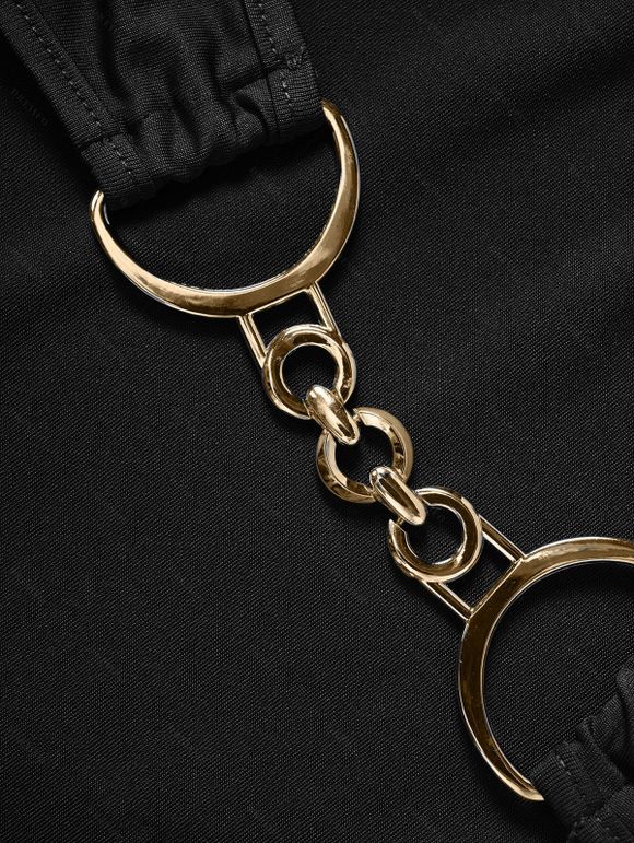 Robe Asymétrique Epaule Dénudée à Manches Courtes Nouée en Couleur Unie à Chaîne - Noir S | US 4