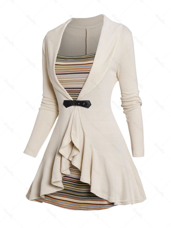 Ensemble de Haut Court Tricoté à Manches Longues à Bretelle Réglable et de Camisole Rayée - café lumière S | US 4