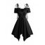 Robe Asymétrique Epaule Dénudée à Manches Courtes Nouée en Couleur Unie à Chaîne - Noir S | US 4