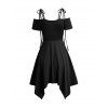 Robe Asymétrique Epaule Dénudée à Manches Courtes Nouée en Couleur Unie à Chaîne - Noir S | US 4