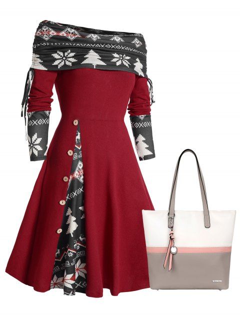 Christmas Tree Snowflake Print Off The Shoulder Colorblock Cinched Godet A Line Mini Dress And Large Capacity One Shoulder Tote Bag Outfit
