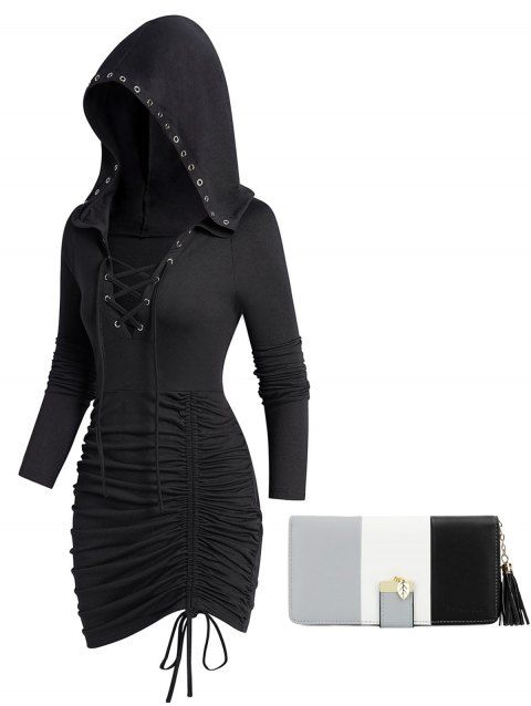 Lace Up Cinched Ruched Mini Gothic Hooded Dress And Colorblock Stripe Tassel Multifunction Clutches Outfit