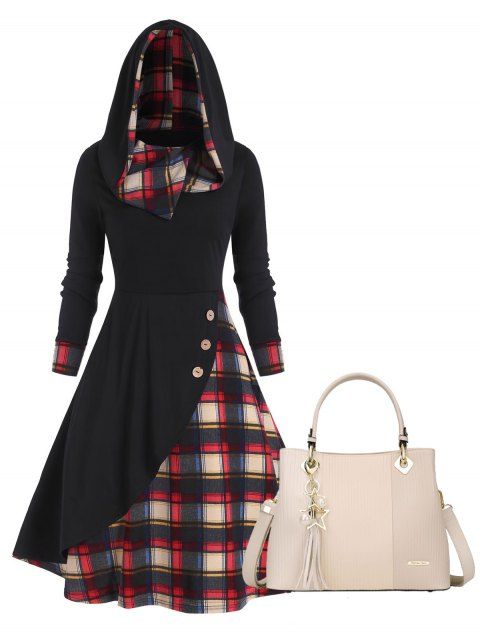 Hooded Plaid Mock Button Overlap Long Sleeve Midi Dress And Star Tassel Double Handles Large Capacity Tote Bag Outfit
