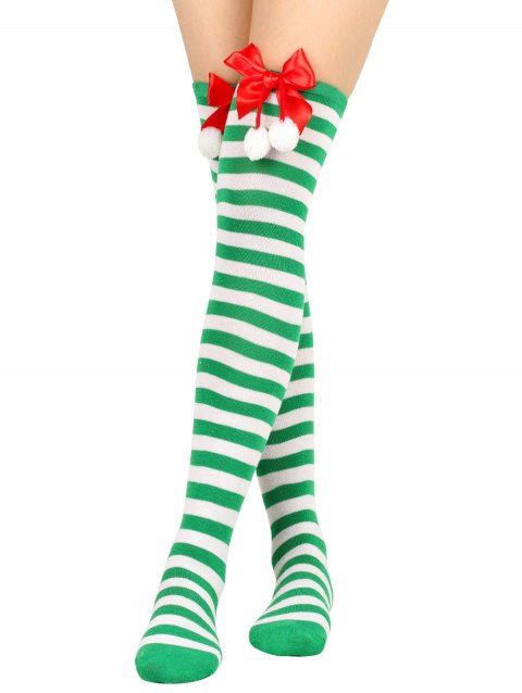 1Pair Christmas Contrast Stripe Bowknot Fuzzy Balls Over Knee Stockings