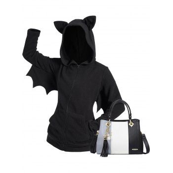 

Halloween Costume Bat Fleece Zip Up Hooded Jacket And Colorblock Star Tassel Large Capacity Tote Bag Outfit, Multicolor