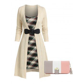 

Plaid Patchwork Twist Cable Knit Dress And Colorblock Stripe Tassel Multifunction Clutches Outfit, Multicolor