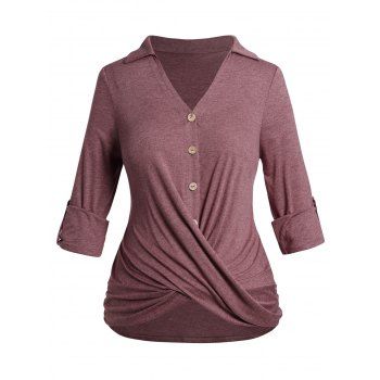 

Plus Size & Curve Crossover Rolled Up Sleeve T-shirt Mock Button V Neck Casual Tee, Deep red